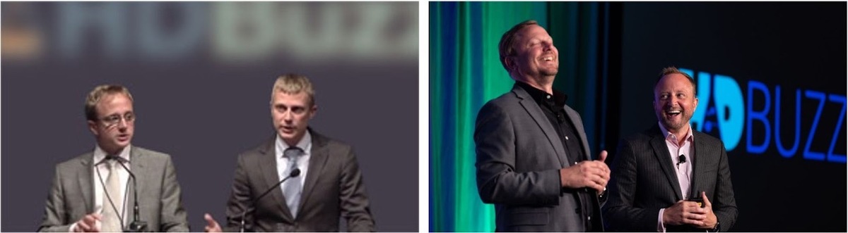 Damals und heute: Ed und Jeff im Jahr 2011 bei einer ihrer ersten Präsentationen als HDBuzz (links) und später im Jahr 2023 bei einer Präsentation auf einem HDSA-Kongress (rechts).  