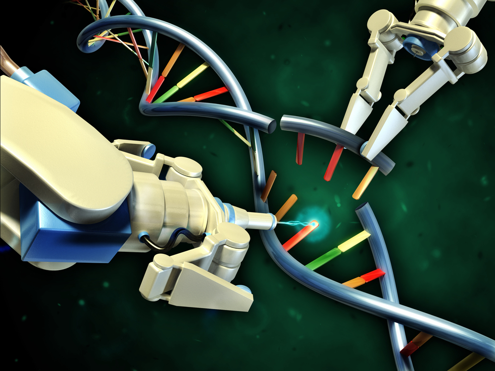 Die Genom-Bearbeitung verwendet Proteinmaschinerien, um DNA an definierten Stellen zu zerschneiden. Sie für die Bearbeitung von Genen in Gehirnzellen einzusetzen ist aber kompliziert und riskant. (In Wirklichkeit werden keine Roboterarme verwendet.)  