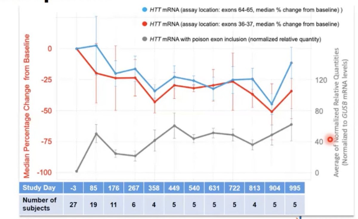 Das Bild zeigt Huntingtin in Proben von SMA-Kindern aus der Branaplam-Studie. Die rote und die blaue Linie zeigen die Menge an Huntingtin, die um etwa ein Drittel abnimmt und niedrig bleibt.  